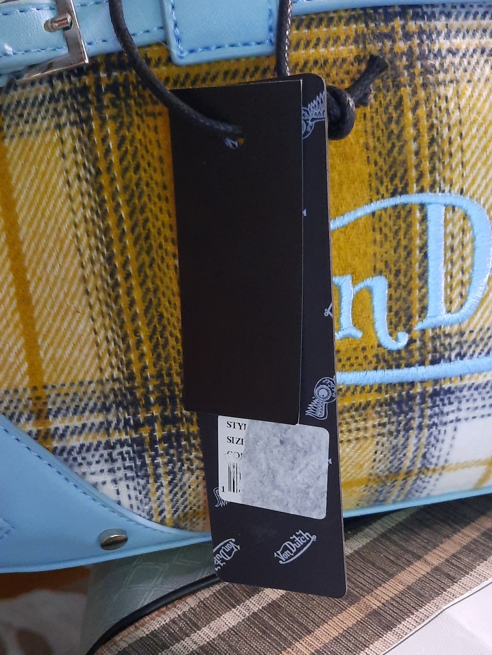 Von Dutch Yellow Plaid Satchel with Light Blue Trim - Picture 6 of 7